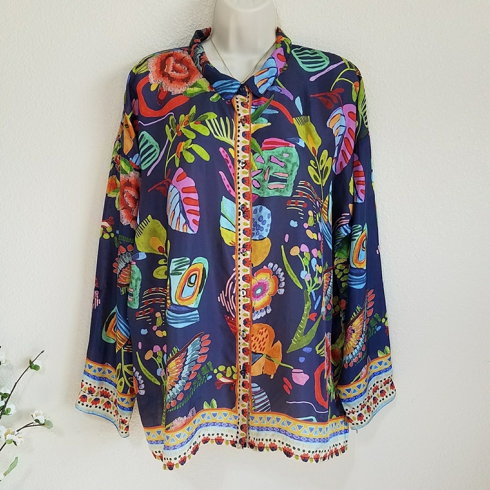 Johnny Was The Audrey Oversized Silk Blouse in Farout Scarf